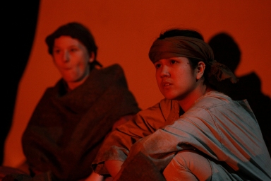 Hebe Reilly as Labourer #1 and Alyssa Marie as Labourer #2 in "A Tainted Dawn" (2010). Photo by Joanna Woodrow